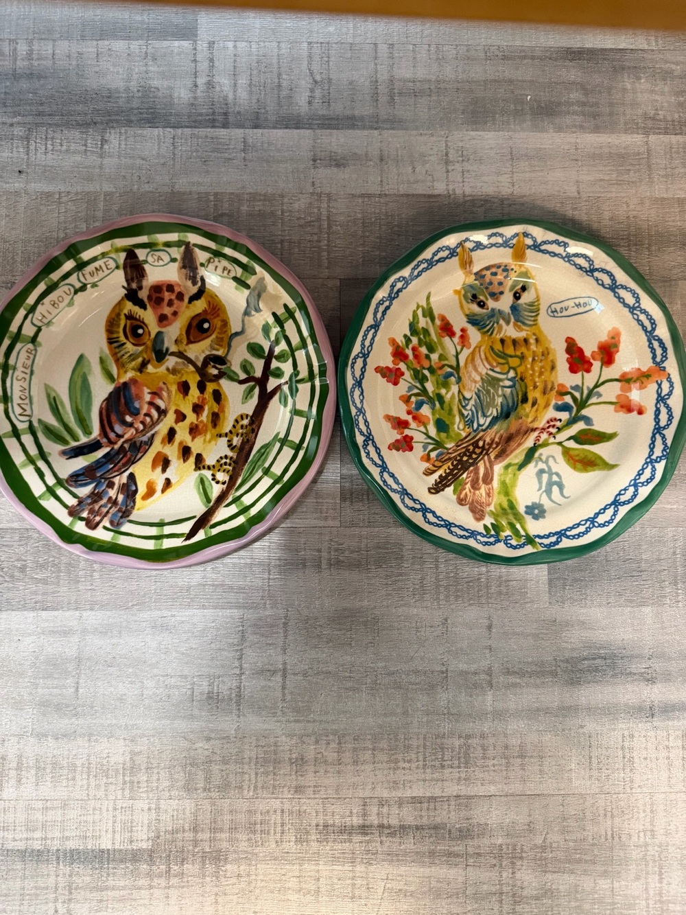 Set of 2 Nathalie Lete Anthropologie Owl Dinner Plates Hand Painted Style 10”